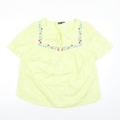 Marks and Spencer Womens Yellow Floral Cotton Basic Blouse Size 12 Round Neck - Embroidered Flowers Keyhole Neckline