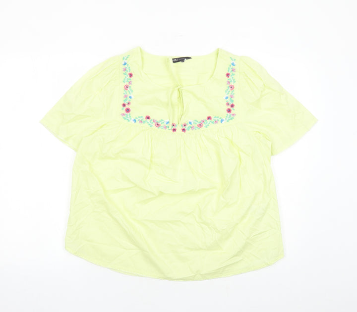 Marks and Spencer Womens Yellow Floral Cotton Basic Blouse Size 12 Round Neck - Embroidered Flowers Keyhole Neckline