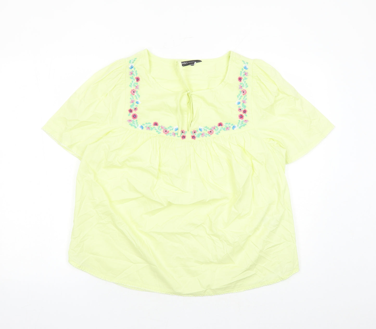 Marks and Spencer Womens Yellow Floral Cotton Basic Blouse Size 12 Round Neck - Embroidered Flowers Keyhole Neckline
