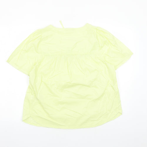 Marks and Spencer Womens Yellow Floral Cotton Basic Blouse Size 12 Round Neck - Embroidered Flowers Keyhole Neckline