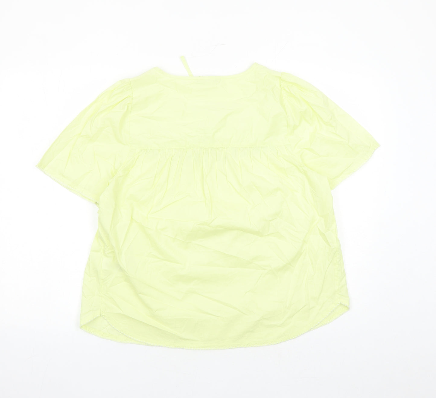 Marks and Spencer Womens Yellow Floral Cotton Basic Blouse Size 12 Round Neck - Embroidered Flowers Keyhole Neckline