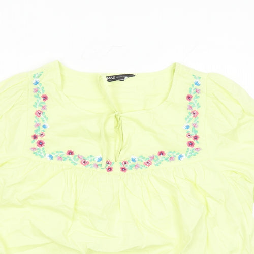 Marks and Spencer Womens Yellow Floral Cotton Basic Blouse Size 12 Round Neck - Embroidered Flowers Keyhole Neckline