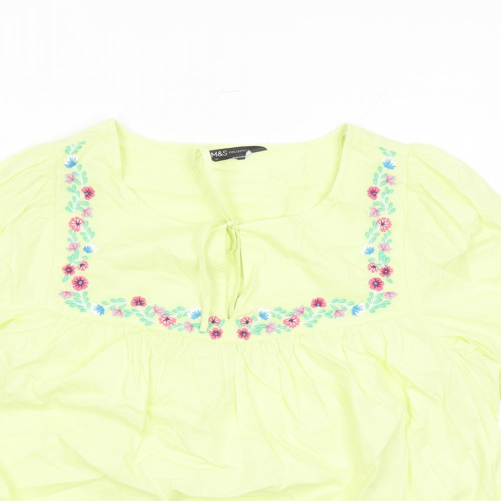 Marks and Spencer Womens Yellow Floral Cotton Basic Blouse Size 12 Round Neck - Embroidered Flowers Keyhole Neckline