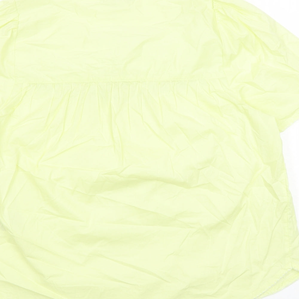 Marks and Spencer Womens Yellow Floral Cotton Basic Blouse Size 12 Round Neck - Embroidered Flowers Keyhole Neckline