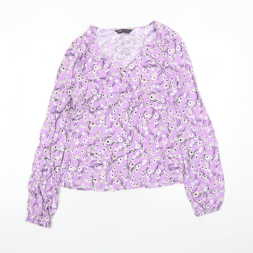 Marks and Spencer Womens Purple Floral Viscose Basic Button-Up Size 6 V-Neck