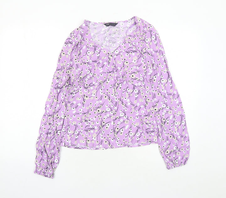 Marks and Spencer Womens Purple Floral Viscose Basic Button-Up Size 6 V-Neck