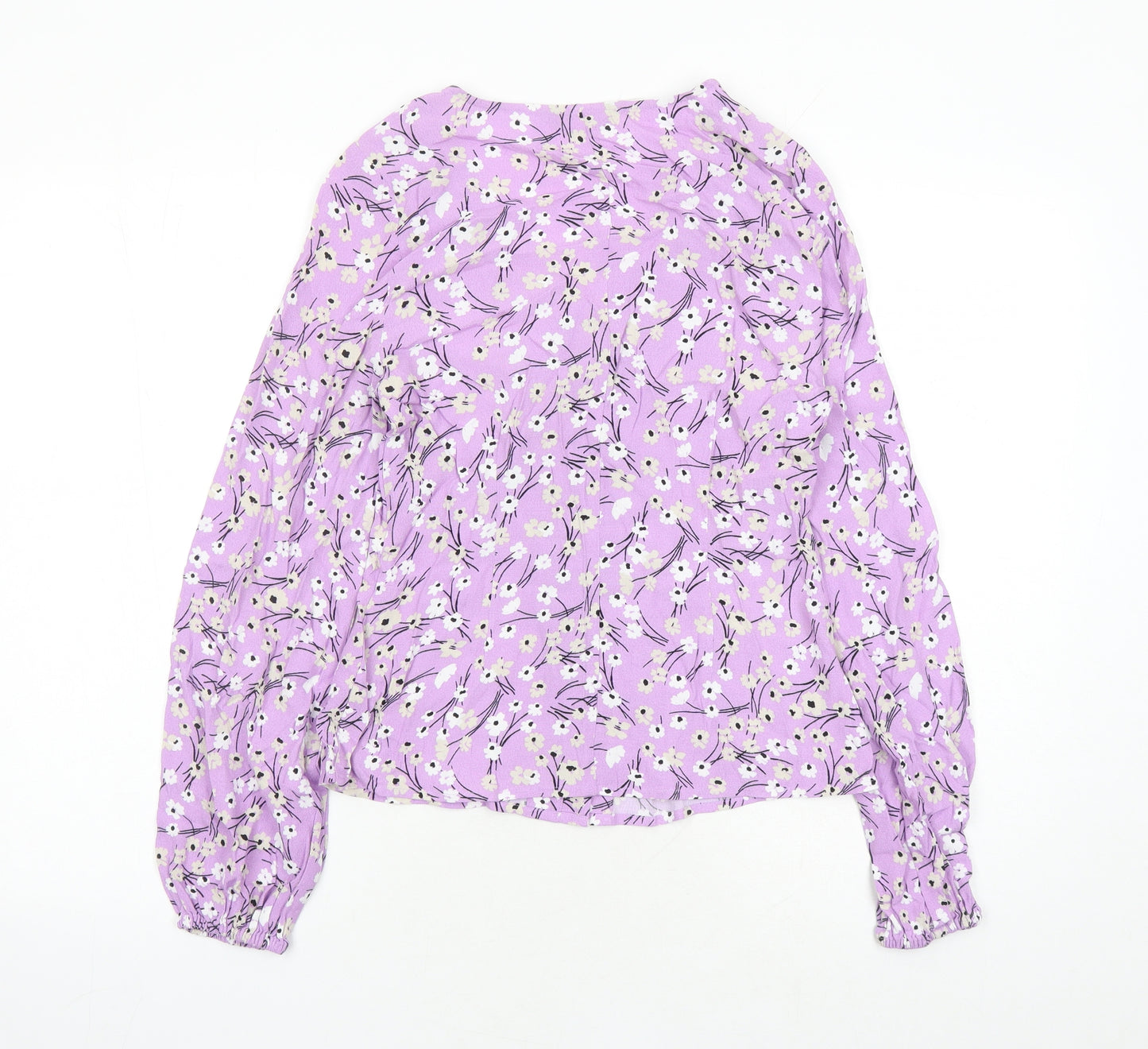 Marks and Spencer Womens Purple Floral Viscose Basic Button-Up Size 6 V-Neck