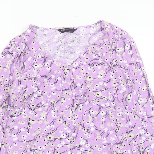 Marks and Spencer Womens Purple Floral Viscose Basic Button-Up Size 6 V-Neck