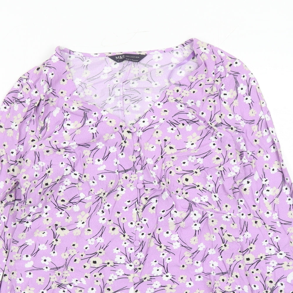 Marks and Spencer Womens Purple Floral Viscose Basic Button-Up Size 6 V-Neck