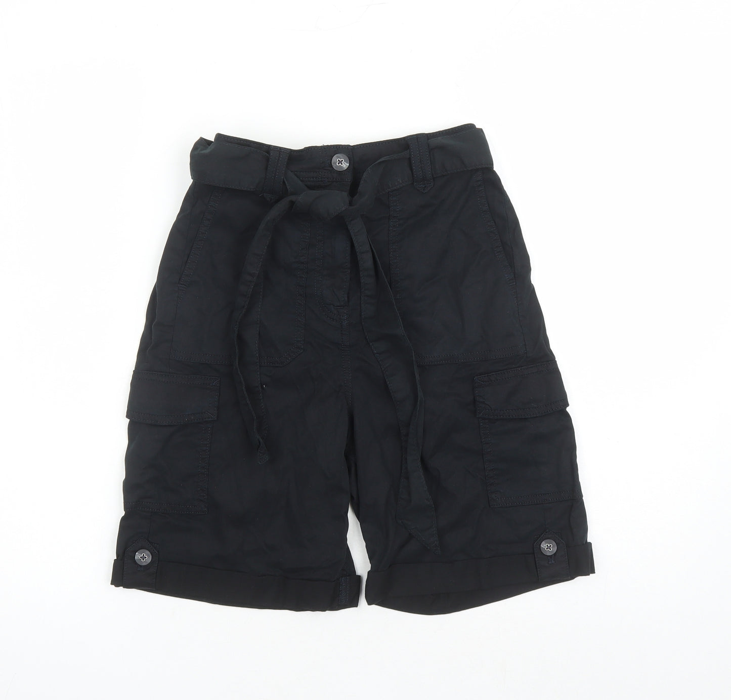 Marks and Spencer Womens Black Lyocell Cargo Shorts Size 6 L7 in Regular Zip - Elasticated Waist Belted Pockets