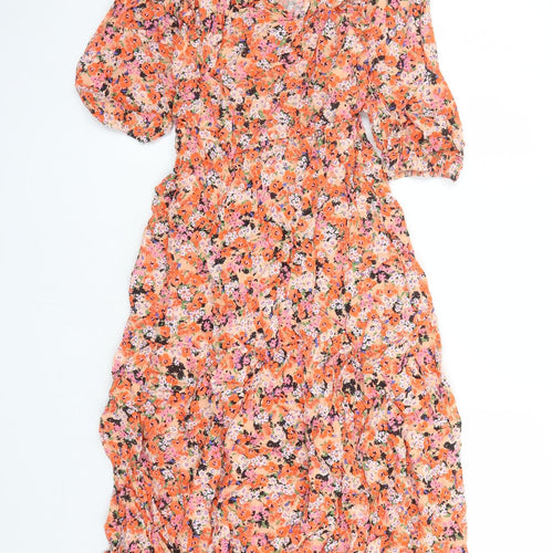 Marks and Spencer Womens Orange Floral Viscose A-Line Size 12 V-Neck Pullover - Belted