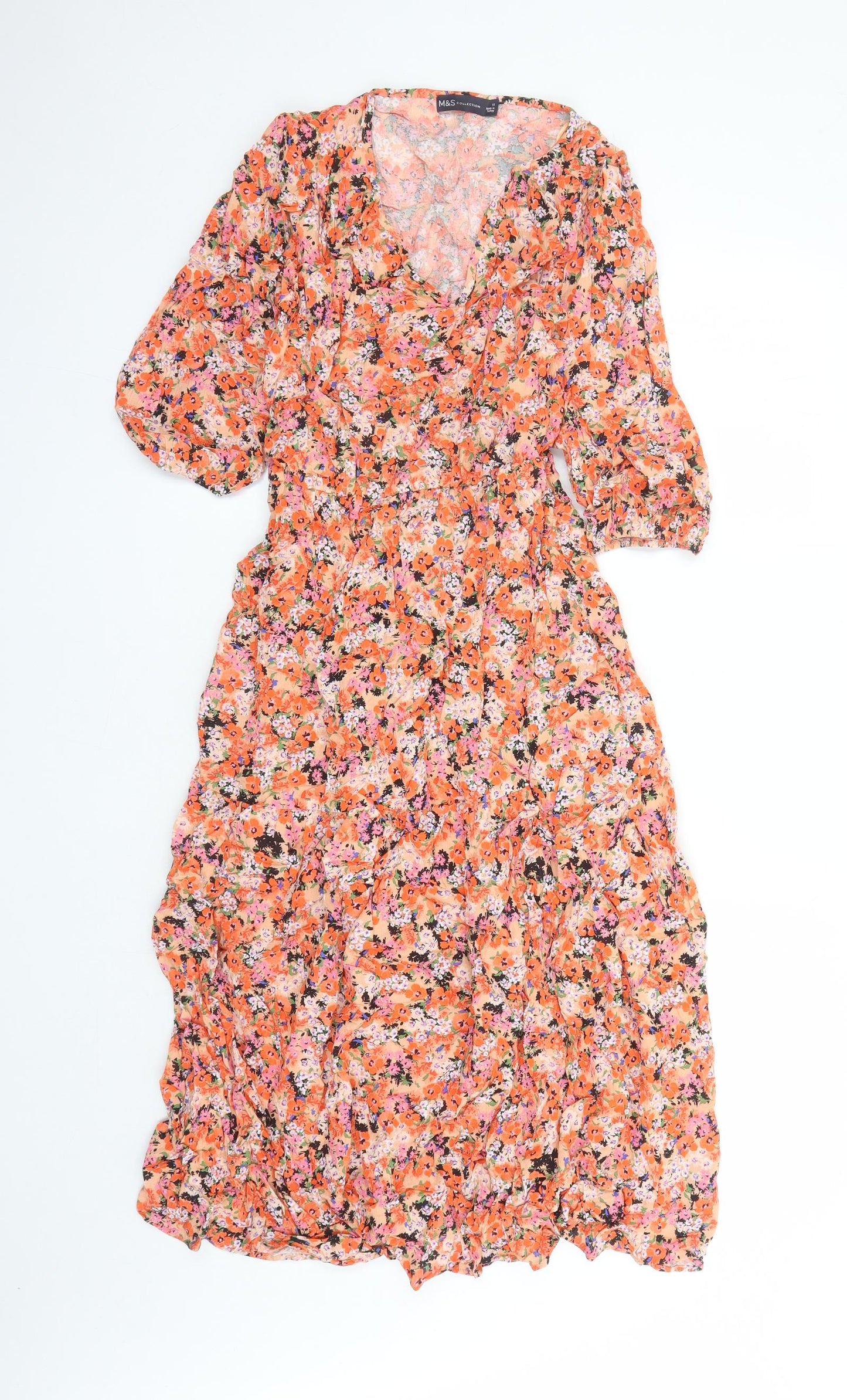 Marks and Spencer Womens Orange Floral Viscose A-Line Size 12 V-Neck Pullover - Belted
