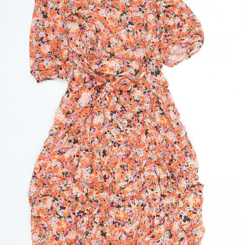 Marks and Spencer Womens Orange Floral Viscose A-Line Size 12 V-Neck Pullover - Belted