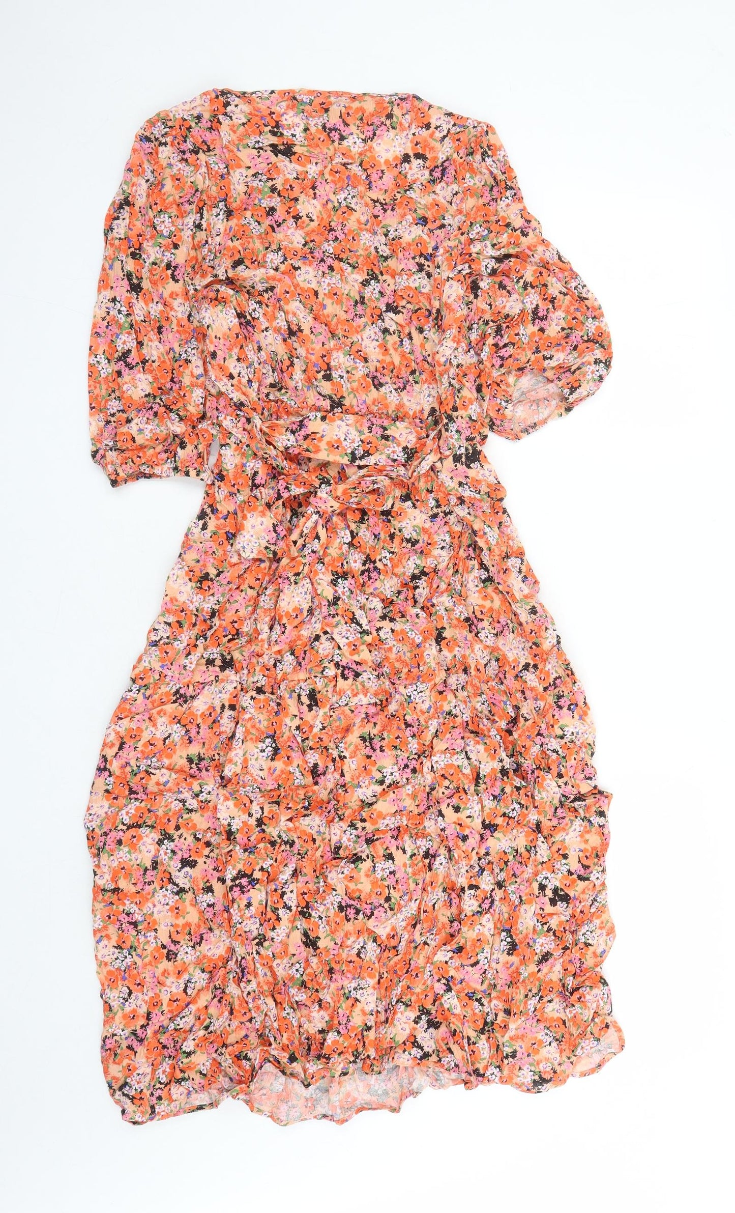 Marks and Spencer Womens Orange Floral Viscose A-Line Size 12 V-Neck Pullover - Belted