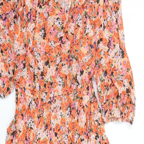 Marks and Spencer Womens Orange Floral Viscose A-Line Size 12 V-Neck Pullover - Belted
