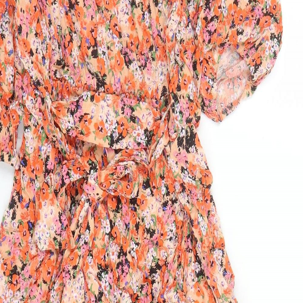 Marks and Spencer Womens Orange Floral Viscose A-Line Size 12 V-Neck Pullover - Belted