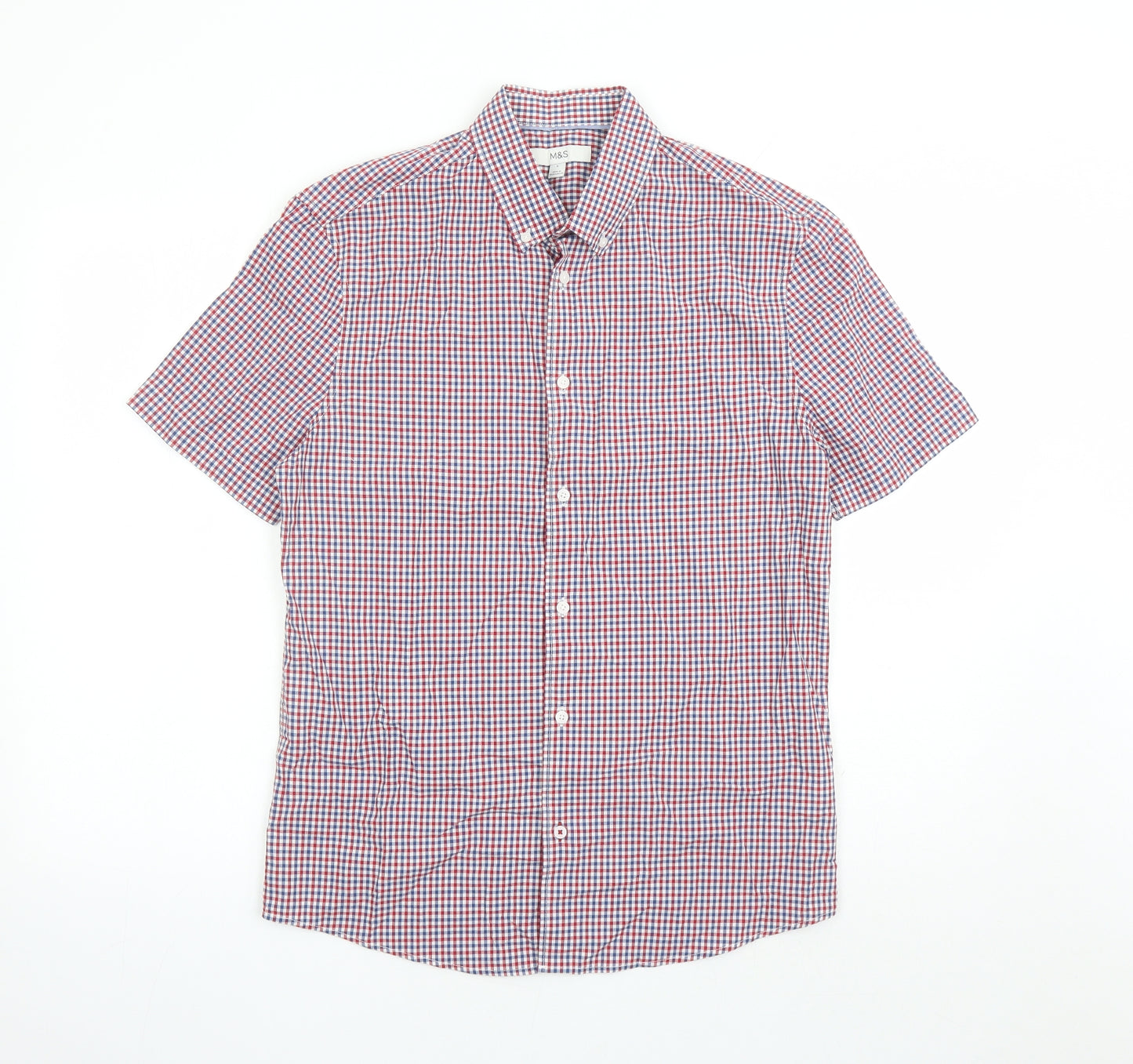 Marks and Spencer Mens Red Check Cotton Button-Up Size S Collared Button