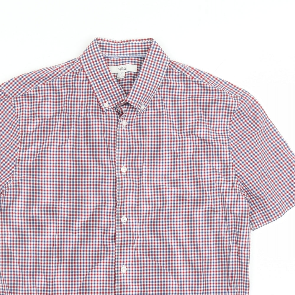 Marks and Spencer Mens Red Check Cotton Button-Up Size S Collared Button