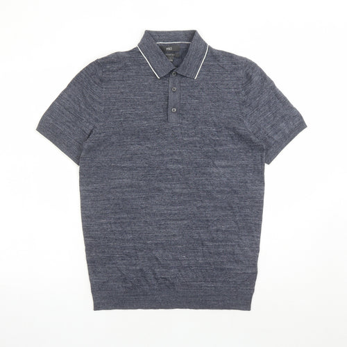 Marks and Spencer Mens Blue Cotton Polo Size S Collared Button