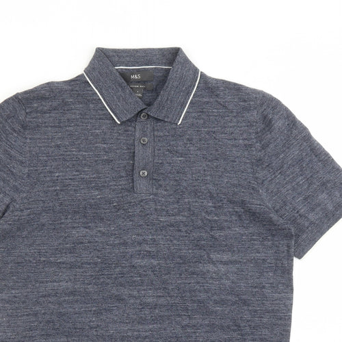 Marks and Spencer Mens Blue Cotton Polo Size S Collared Button