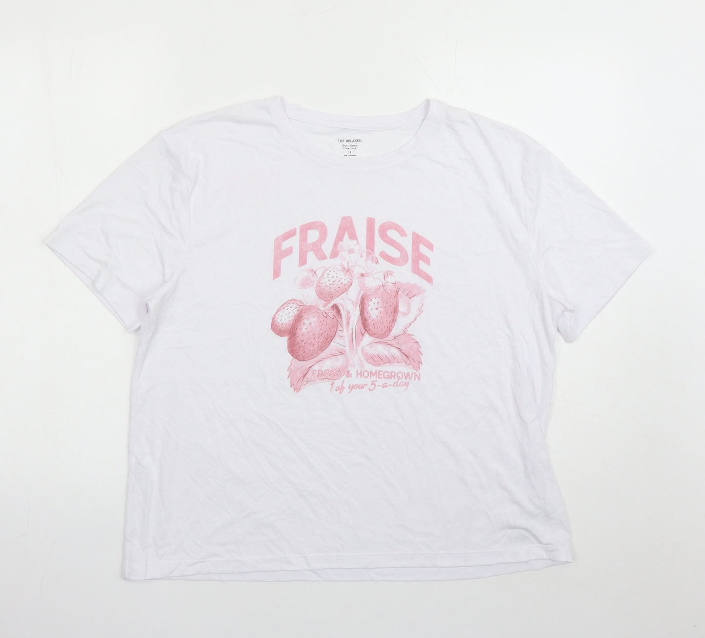 Marks and Spencer Womens White Polyester Basic T-Shirt Size 14 Crew Neck - Fraise Strawberry Graphic