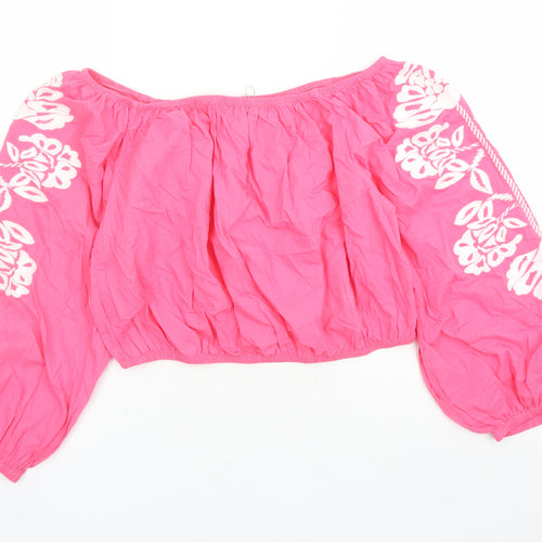 Marks and Spencer Womens Pink Floral 100% Cotton Cropped Blouse Size 18 Boat Neck - Embroidered Detail