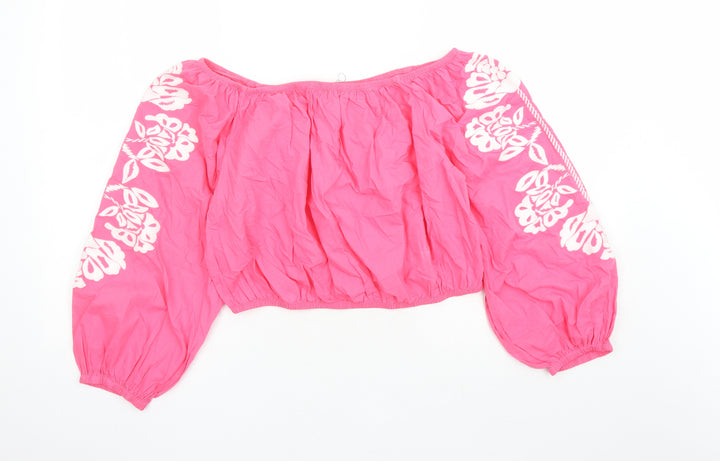 Marks and Spencer Womens Pink Floral 100% Cotton Cropped Blouse Size 18 Boat Neck - Embroidered Detail