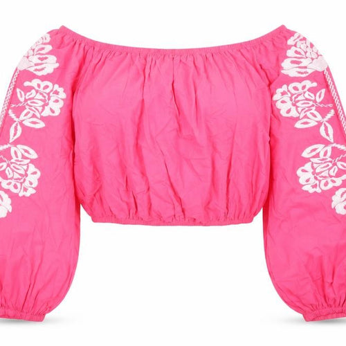 Marks and Spencer Womens Pink Floral 100% Cotton Cropped Blouse Size 18 Boat Neck - Embroidered Detail
