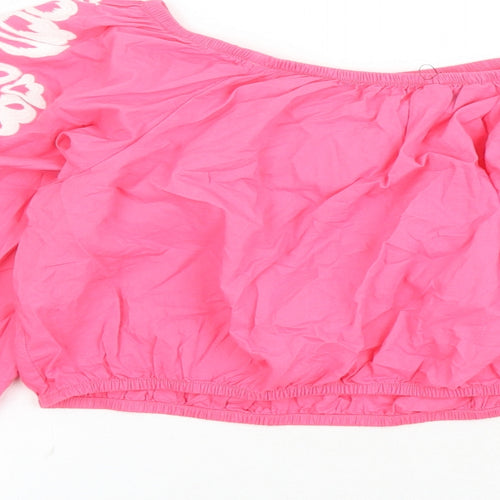 Marks and Spencer Womens Pink Floral 100% Cotton Cropped Blouse Size 18 Boat Neck - Embroidered Detail