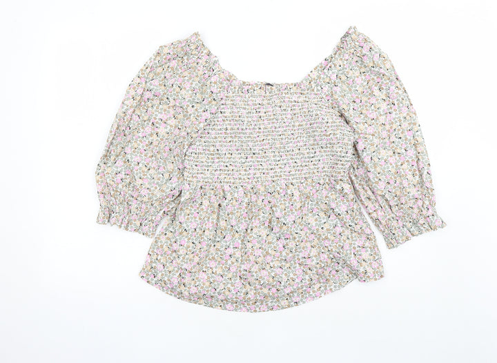 Marks and Spencer Womens Multicoloured Floral 100% Cotton Basic Blouse Size 6 Round Neck