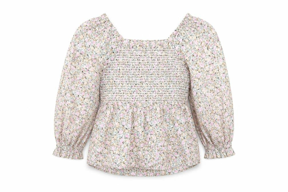 Front view of Marks & Spencer women’s multicoloured floral 100% cotton basic blouse, size UK 6, round neck