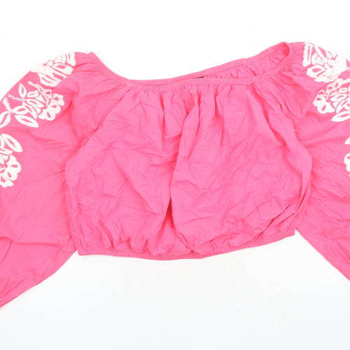 Marks and Spencer Womens Pink Floral 100% Cotton Cropped Blouse Size 18 Boat Neck - Embroidered Detail