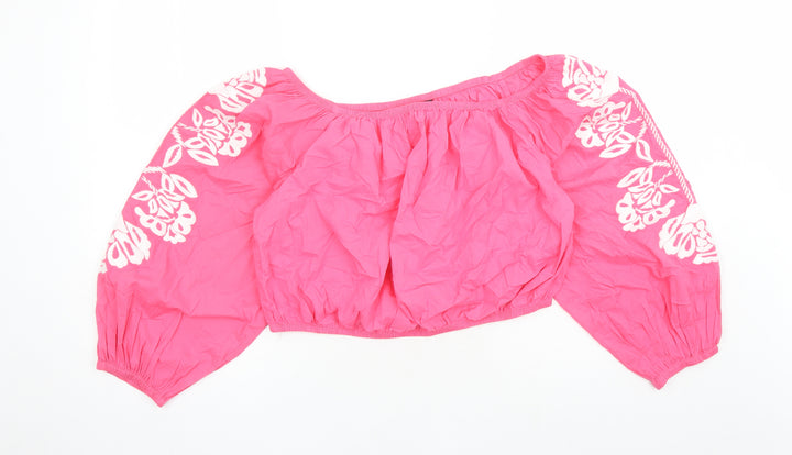 Marks and Spencer Womens Pink Floral 100% Cotton Cropped Blouse Size 18 Boat Neck - Embroidered Detail