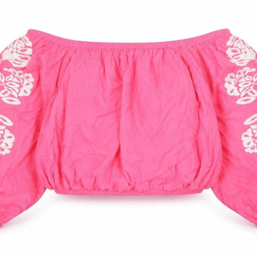Marks and Spencer Womens Pink Floral 100% Cotton Cropped Blouse Size 18 Boat Neck - Embroidered Detail