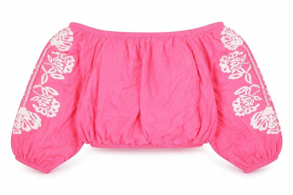 Marks and Spencer Womens Pink Floral 100% Cotton Cropped Blouse Size 18 Boat Neck - Embroidered Detail