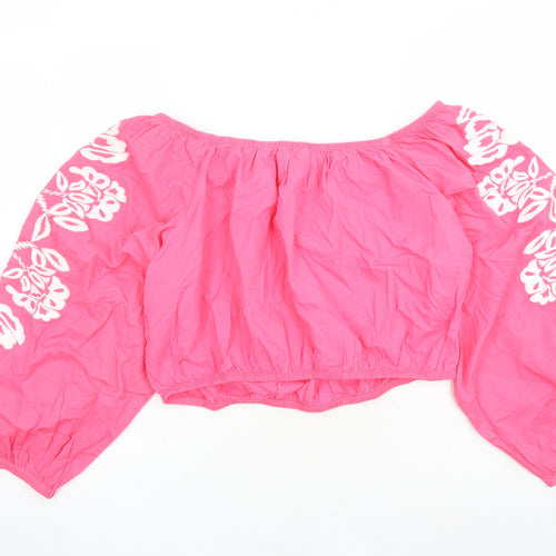 Marks and Spencer Womens Pink Floral 100% Cotton Cropped Blouse Size 18 Boat Neck - Embroidered Detail