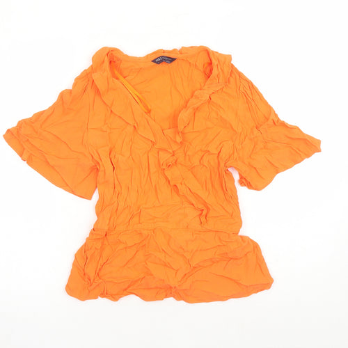 Marks and Spencer Womens Orange Viscose Basic Blouse Size 14 V-Neck - Belted