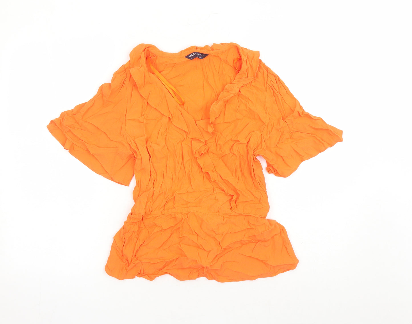 Marks and Spencer Womens Orange Viscose Basic Blouse Size 14 V-Neck - Belted