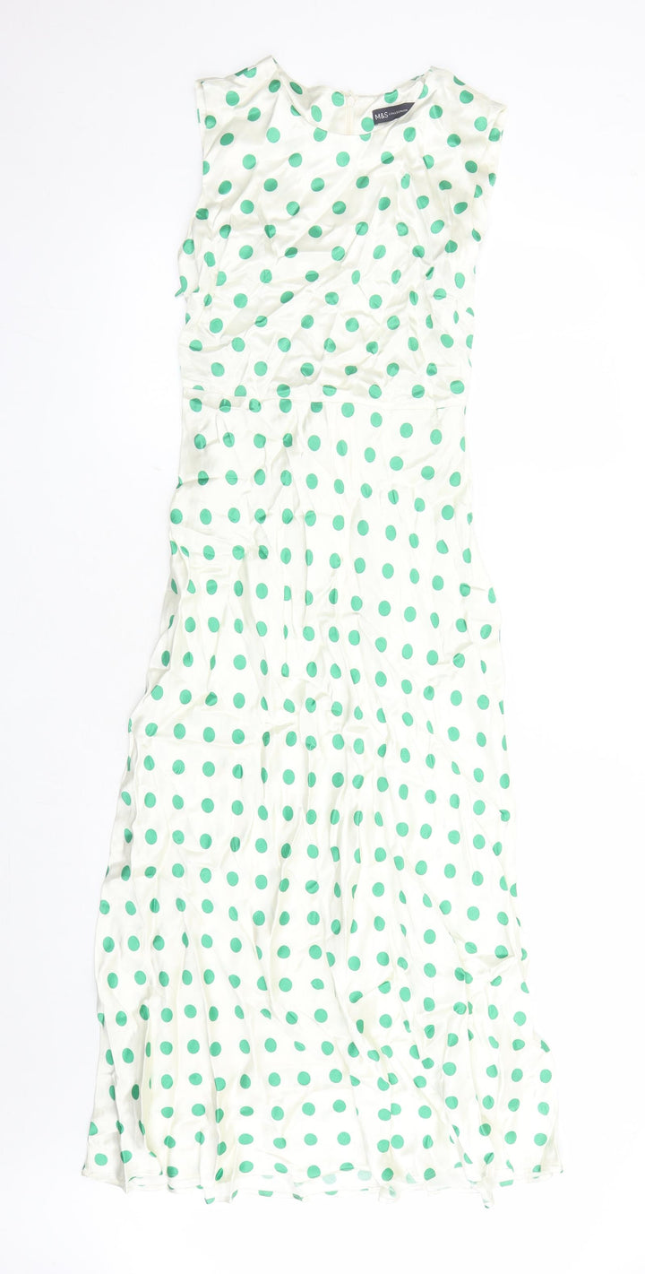 Marks and Spencer Womens Ivory Polka Dot Viscose A-Line Size 8 Round Neck Zip