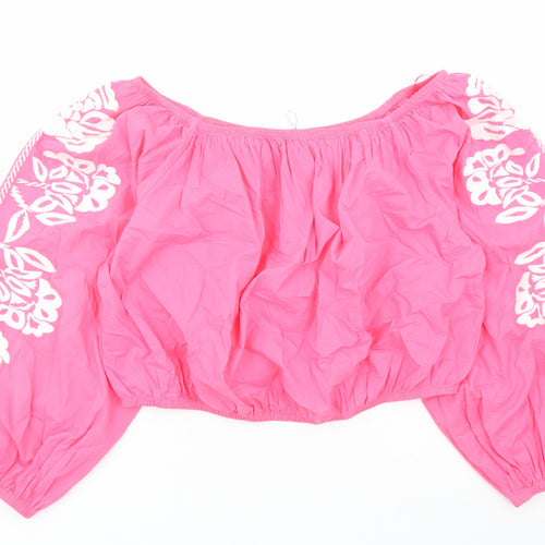 Marks and Spencer Womens Pink Floral Cotton Cropped Blouse Size 20 Boat Neck - Embroidered Flowers