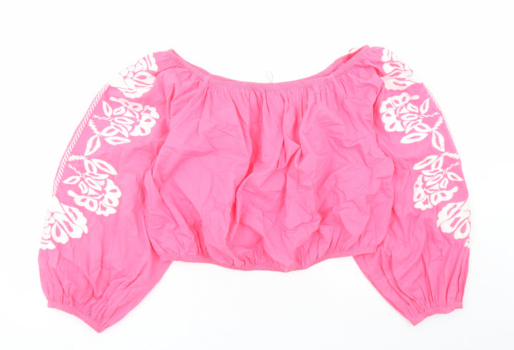 Marks and Spencer Womens Pink Floral Cotton Cropped Blouse Size 20 Boat Neck - Embroidered Flowers