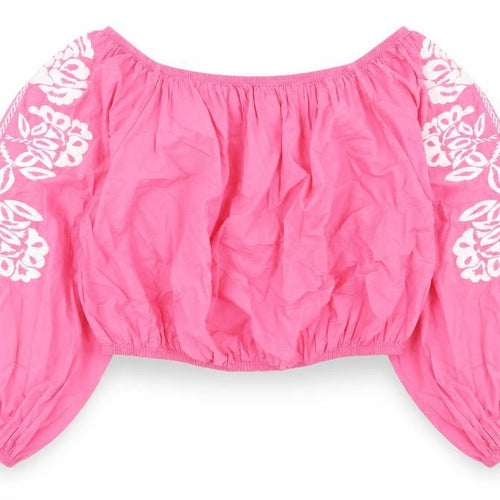Marks and Spencer Womens Pink Floral Cotton Cropped Blouse Size 20 Boat Neck - Embroidered Flowers