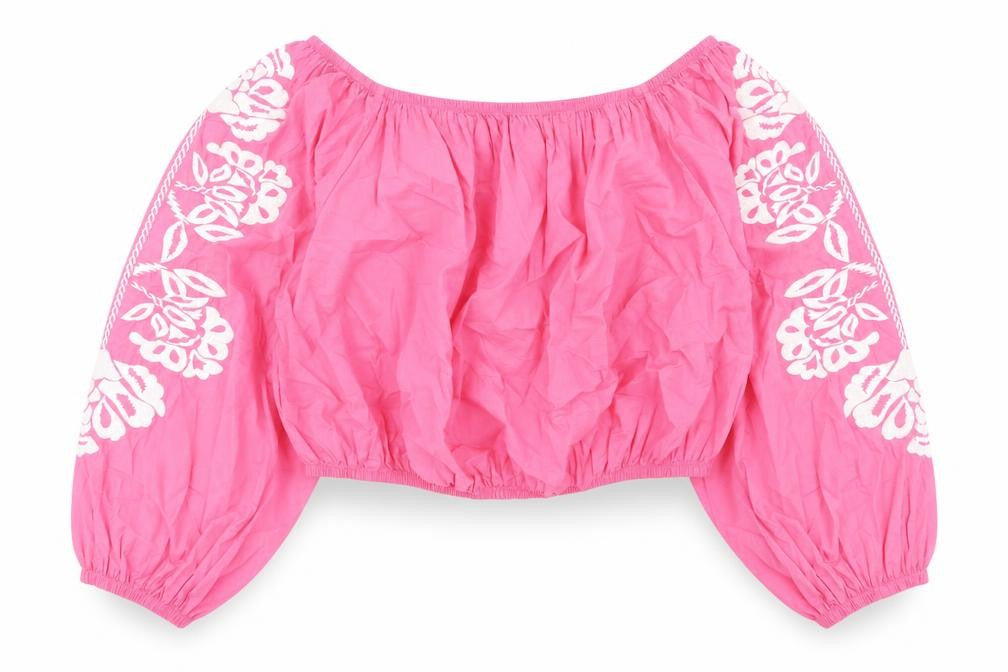 Marks and Spencer Womens Pink Floral Cotton Cropped Blouse Size 20 Boat Neck - Embroidered Flowers