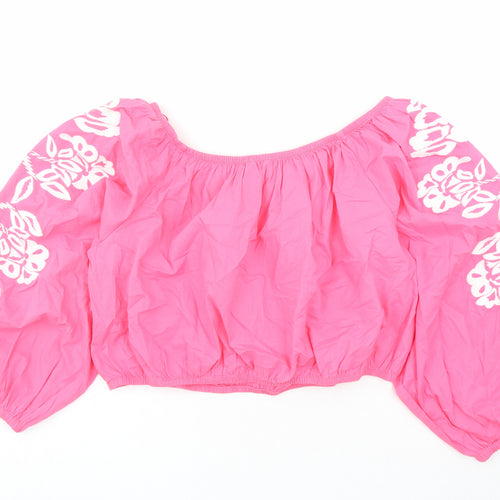 Marks and Spencer Womens Pink Floral Cotton Cropped Blouse Size 20 Boat Neck - Embroidered Flowers
