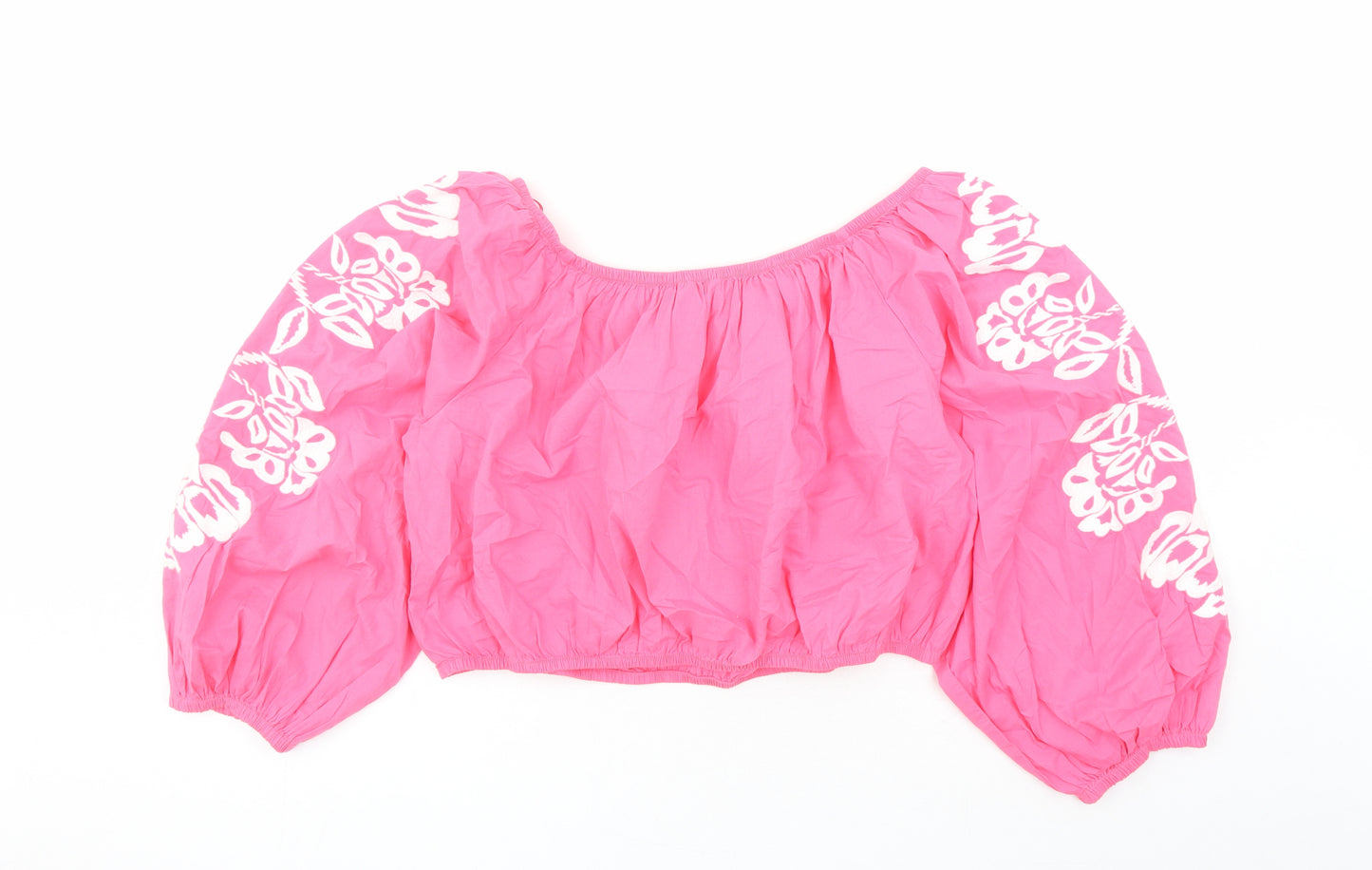 Marks and Spencer Womens Pink Floral Cotton Cropped Blouse Size 20 Boat Neck - Embroidered Flowers