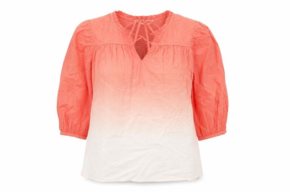 Front view of Per Una women’s multicoloured 100% cotton basic blouse, size UK 6, round neck - ombre effect keyhole neckline