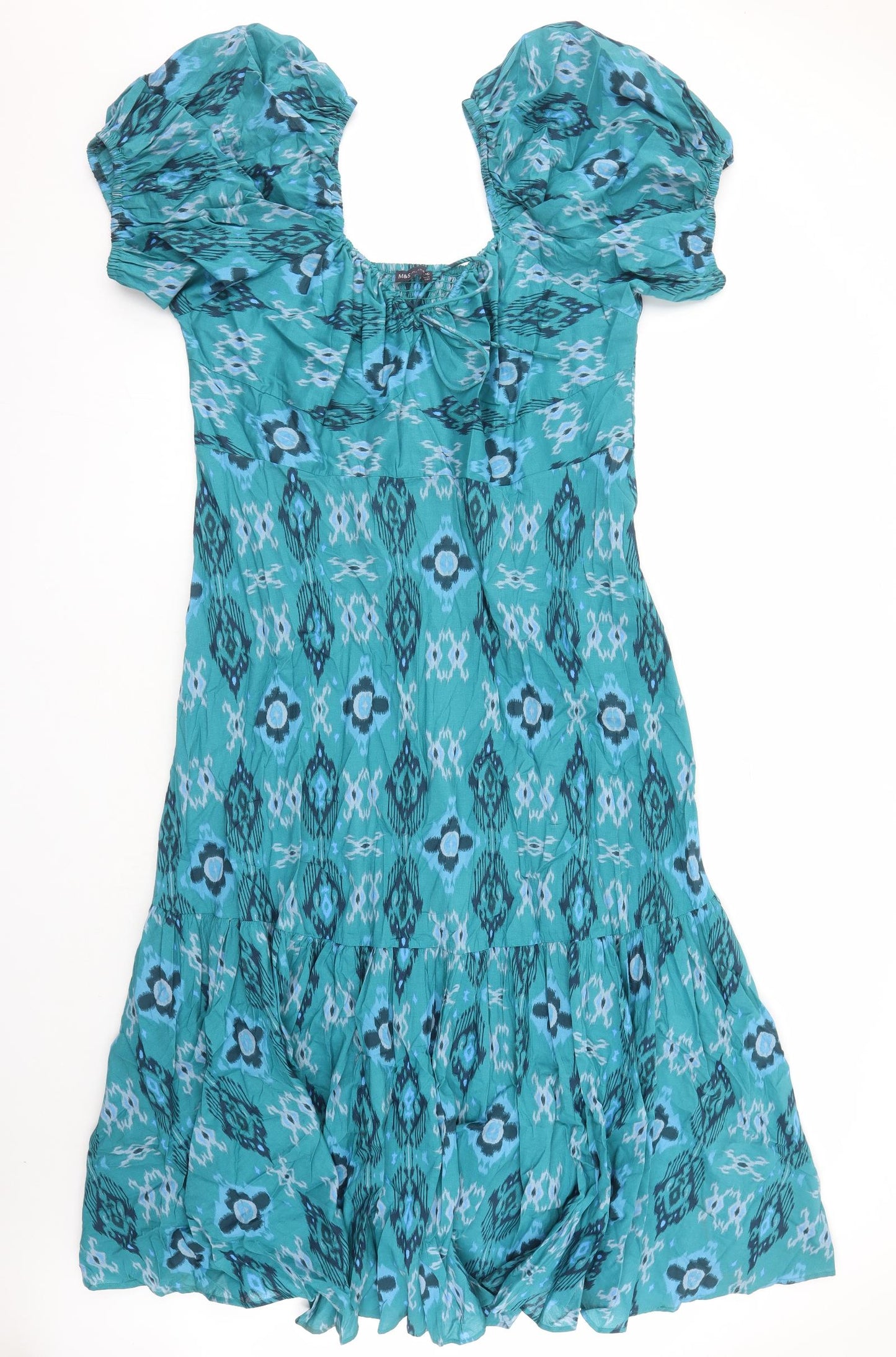 Marks and Spencer Womens Blue Geometric 100% Cotton Maxi Size 22 V-Neck Pullover