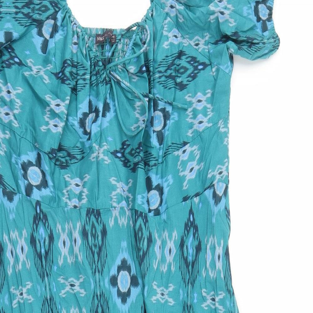 Marks and Spencer Womens Blue Geometric 100% Cotton Maxi Size 22 V-Neck Pullover