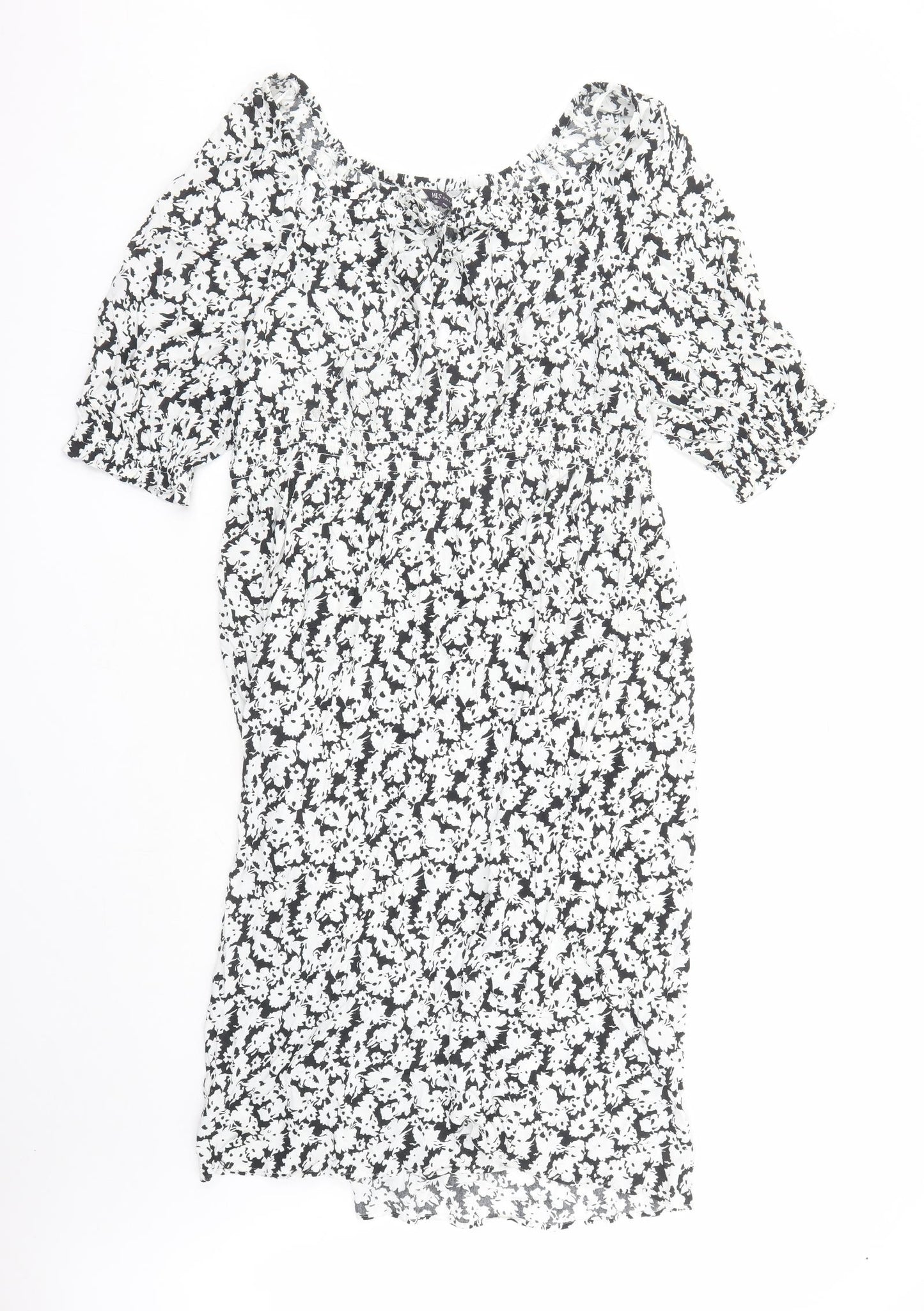 Marks and Spencer Womens Black Floral Viscose A-Line Size 22 Boat Neck Tie - Keyhole Neckline