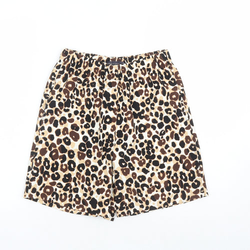 Marks and Spencer Womens Brown Animal Print 100% Polyester Culotte Shorts Size 6 L7 in Regular - Elasticated Waist Pockets Leopard Pattern